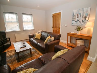 A living room with brown leather sofas, coffee table, rug, wooden side table with lamp and plant and a painting on the wall at Pebble Lodge in Kenmare County Kerry