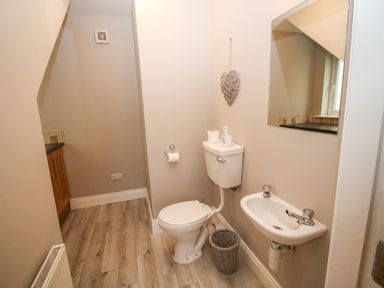 A bathroom with a toilet sink mirror and a wicker wastebasket at Pebble Lodge in Kenmare County Kerry
