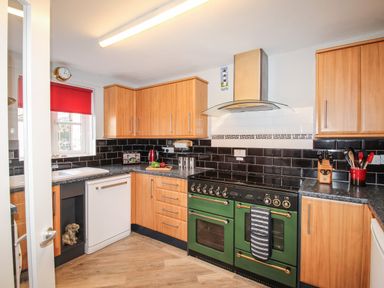 A kitchen with wooden cabinets a green oven black tiled backsplash and a small window with a red blind at Knapp Cottage in Chickerell