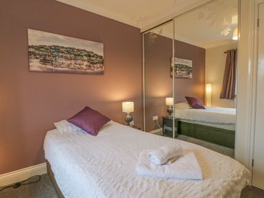 A bedroom with a single bed with white bedding and purple pillow a bedside table with lamp a large mirrored wardrobe and a framed picture on the wall at Knapp Cottage in Chickerell