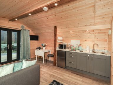 A kitchenette with grey cabinets and a sink next to a small dining table with two chairs and a sofa in a wooden room at Jenny - Crossgate Luxury Glamping in Hartsop near Glenridding