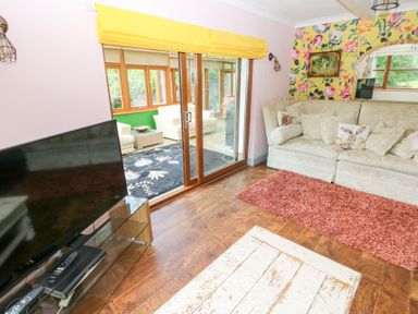 A living room with a sofa and television at The Woodlands Lower Level in Stepaside