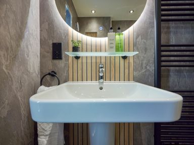 A bathroom sink with a mirror shelf holding bottles and a plant at Riverside Park 6 in Keswick