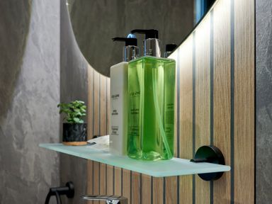 A bathroom shelf with a green bottle and a white bottle and a small plant at Riverside Park 6 in Keswick
