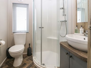 A bathroom with a toilet shower and sink at Woodpecker Lodge in Dunbar