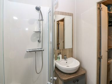 A bathroom with a shower, sink, mirror, and an open closet at Woodpecker Lodge in Dunbar