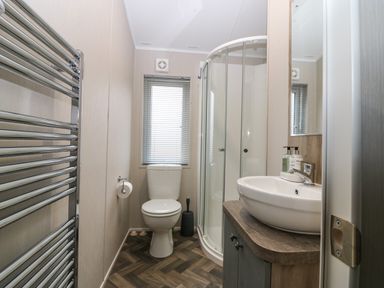 A bathroom with a toilet a glass corner shower a sink with mirror and a heated towel rail at Woodpecker Lodge in Dunbar