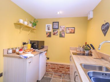 A small kitchen with yellow walls a countertop with a microwave and breakfast items a sink and stove and animal pictures on the wall at The Forge in Old Newton near Stowmarket