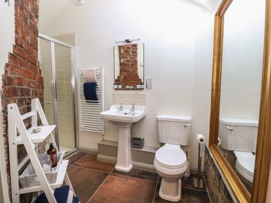 A bathroom with a white toilet and pedestal sink a large mirror and a shower enclosure at The Forge Old Newton near Stowmarket