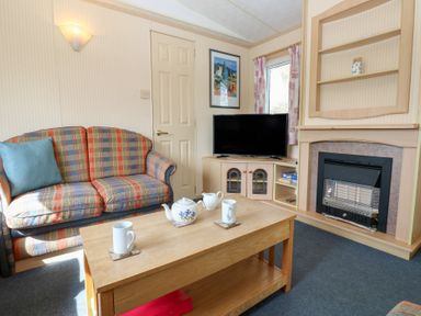 A living room with a checkered sofa a wooden coffee table with teapot and mugs a television and a fireplace at Row End farm in Brough