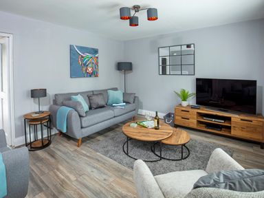 A living room with a gray sofa, coffee tables, a wooden TV cabinet, and a colorful animal painting at 1 Wesley Mews in Alnwick