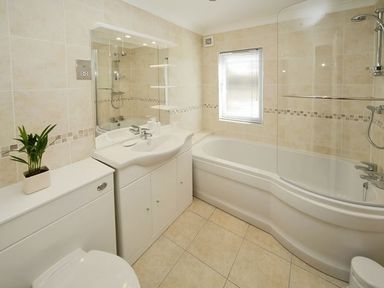 A bathroom with a bathtub shower sink toilet and a small plant at Arwelfa Lodge in Abersoch
