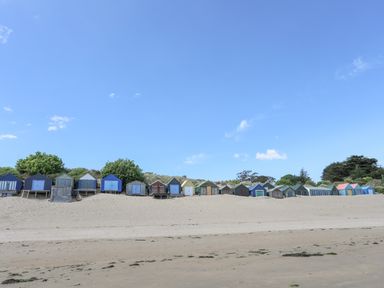 A row of beach huts on a sandy beach with shrubs and trees behind them at Bywyd Da (232 Cae Du) in Abersoch
