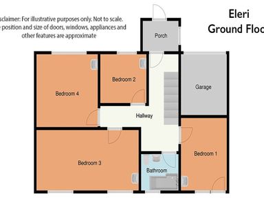 A floor plan showing four bedrooms a hallway a porch a garage and a bathroom at Eleri in Abersoch