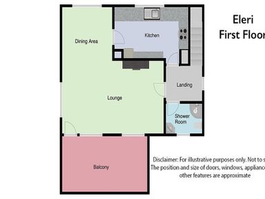 A floor plan showing a kitchen dining area lounge shower room landing and balcony at Eleri in Abersoch