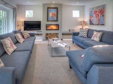 A living room with blue sofas a fireplace a TV and paintings at The Coach House in Abersoch