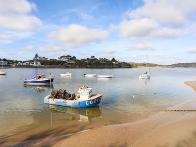Several boats anchored on calm water near a sandy shore with houses and trees in the background at The Warren D26 in Abersoch