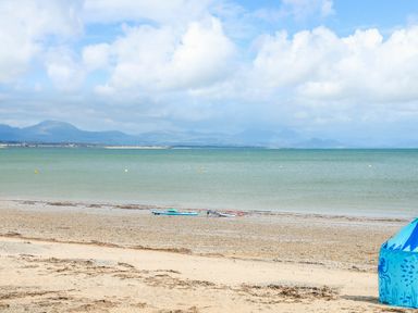 A beach with sand and water with a blue tent and paddleboards at The Warren D26 in Abersoch
