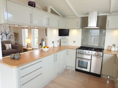 A kitchen with white cabinets wooden countertop a stainless steel stove and a small television at The Warren D26 in Abersoch