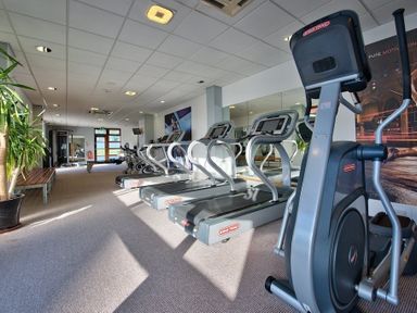 A gym with treadmills and exercise equipment and a plant by the window at The Warren T23 in Abersoch