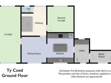 A floor plan showing lounge dining room kitchen utility boiler room WC and hallway at Ty Coed Abersoch