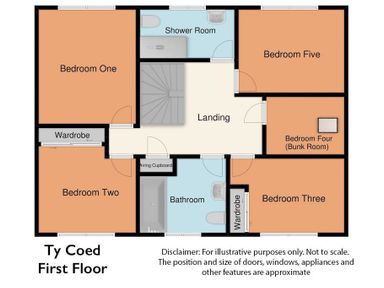 A first floor plan with five bedrooms two bathrooms a shower room and wardrobes at Ty Coed in Abersoch