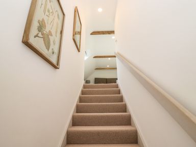 A carpeted staircase with handrail and framed botanical prints on the wall at Stow Cottage Barn in Churchill Oxfordshire