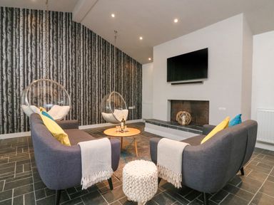 A living room with two gray sofas, a round wooden table, hanging bubble chairs, a fireplace, and a wall-mounted TV at Landmark in Salcombe