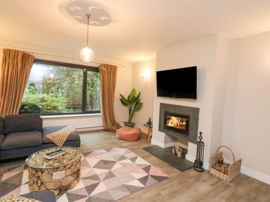 A living room with a fireplace a mounted television a sofa and a glass coffee table at Landmark in Salcombe