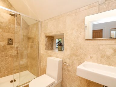 A bathroom with a glass shower enclosure a toilet a sink a rectangular mirror and a small window with a potted plant at Landmark in Salcombe