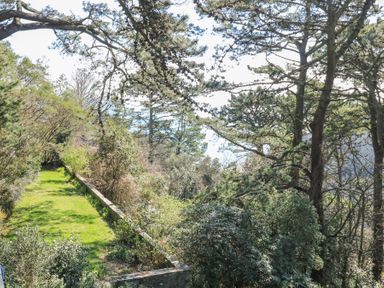 A garden path running alongside a stone wall with trees and shrubs at Landmark in Salcombe