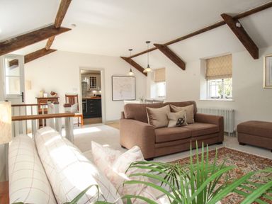 A sitting area with sofas and a patterned rug under wooden beam ceiling at The Coach House at Lackington Farm in Piddletrenthide