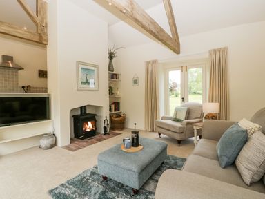 A living room with sofa armchair ottoman fireplace and television at The Shippon in Honiton