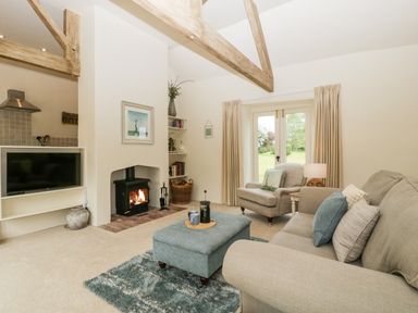 A living room with a wood burning stove a television a grey armchair a beige sofa and a blue ottoman at The Shippon in Honiton