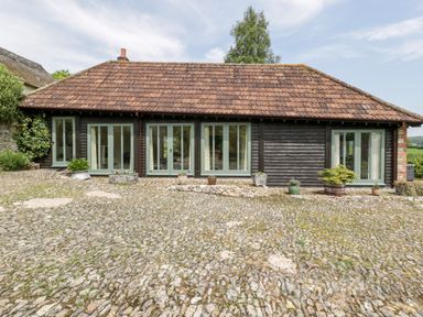 A single story building with tile roof and multiple glass doors with green frames in front of a cobblestone ground at The Shippon in Honiton