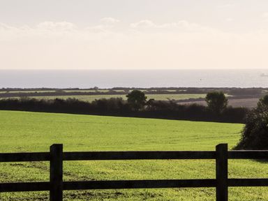 A green field with a wooden fence and bushes with the sea in the background at Sea View in St Buryan