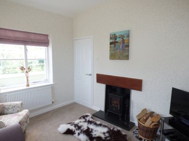 A living room with a fireplace firewood basket a floral armchair a window and a television at Hafod Cottage in Cemaes Bay