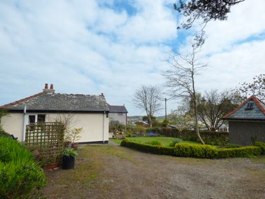 An outdoor garden area with small buildings plants trees and hedges at Hafod Cottage in Cemaes Bay