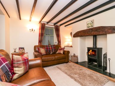 A living room with brown leather sofas a wood burning stove and plaid cushions at Brookside in Grizebeck