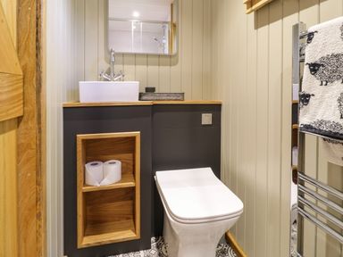 A bathroom with a toilet a sink with cabinet and shelves and a towel on a heated rack at Llethr - Shepherds Hut in Llanbedr