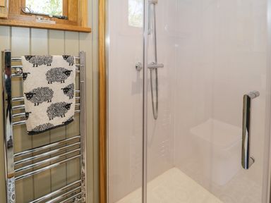 A bathroom with a shower enclosure a towel rail with a towel printed with sheep at Llethr - Shepherds Hut in Llanbedr