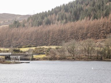 A body of water with a small dock and a bridge next to a forested hillside at Owl Lodge in South Laggan near Invergarry