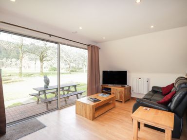 A living room with a black sofa red cushions wooden tables and a TV near large sliding glass doors at Owl Lodge South Laggan near Invergarry