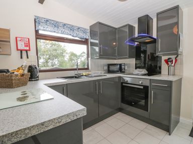 A kitchen with black cabinets a sink a microwave an oven and a window with a blue patterned blind at Bugle in Saltburn-By-The-Sea
