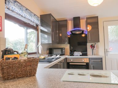 A kitchen with dark cabinets a stove a microwave a sink and a basket with a bottle of wine at Bugle in Saltburn-By-The-Sea