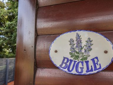 A sign with the word Bugle and a flower illustration at Bugle in Saltburn-By-The-Sea