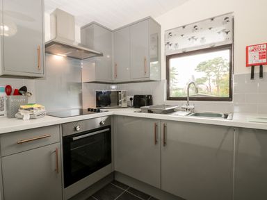 A kitchen with grey cabinets a stove microwave sink and a window with a sheep patterned blind at Lavender Lodge in Saltburn-By-The-Sea