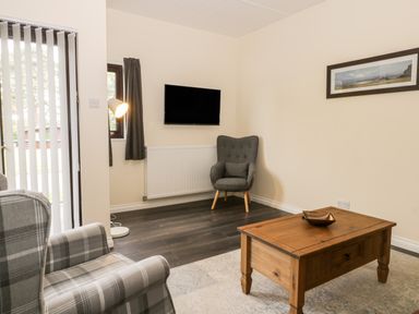 A living room with a plaid armchair a wooden coffee table a wall-mounted TV a gray armchair and a floor lamp at Lavender Lodge in Saltburn-By-The-Sea