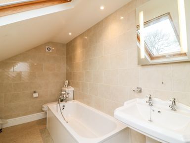 A bathroom with a bathtub toilet and sink under a slanted ceiling with a skylight at Littleham Court Cottage in Littleham near Bideford