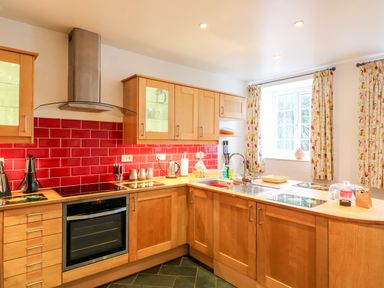 A kitchen with wooden cabinets a stove a sink and a window with patterned curtains at Littleham Court Cottage in Littleham near Bideford